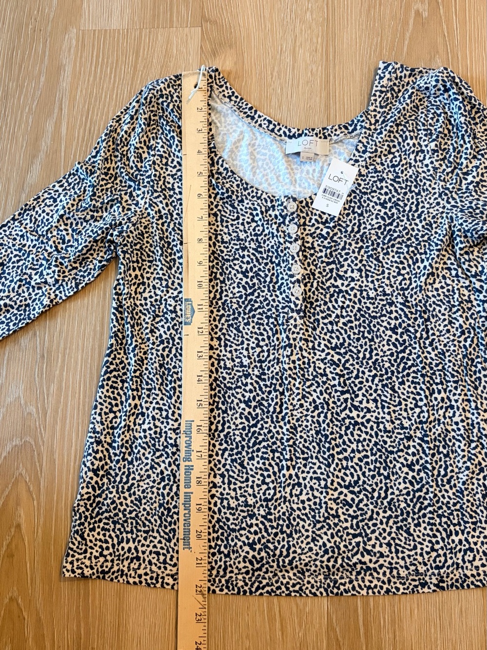 LOFT Navy and White Leopard Henley Long Sleeve Top
